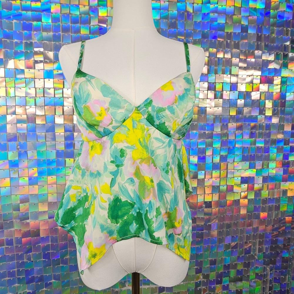 Wild Fable Floral Cami Tank‎ Top Women's XS Green Yellow Pink Lettuce Hem